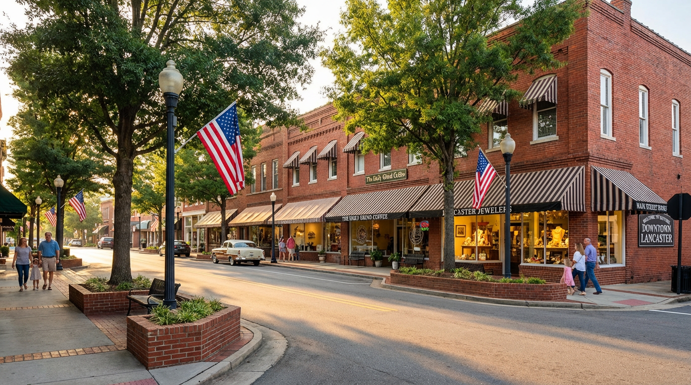 Historic downtown Lancaster South Carolina with charming shops and tree-lined streets