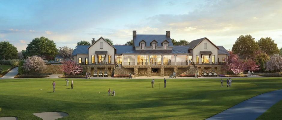 Edgewater Village Center at sunset with modern farmhouse architecture and community gathering spaces